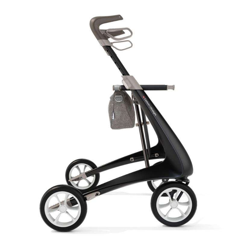 Lichtgewicht Rollator Carbon- Ultralight Zwart Met Organiser Bag - Large Zitbreedte 47CM - Hulpmiddeldiscounter.nl